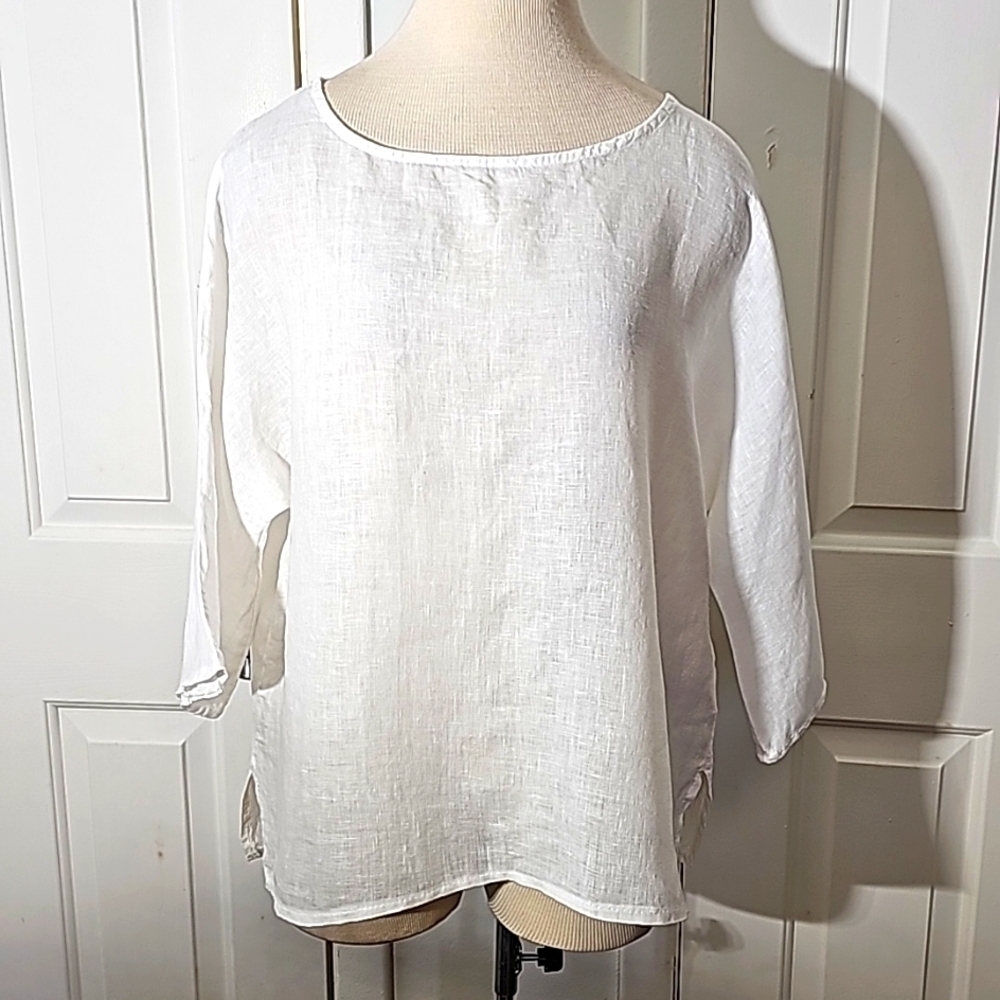GIUSY white 100% linen made in Italy women's top. Oversized small Raglan sleeves